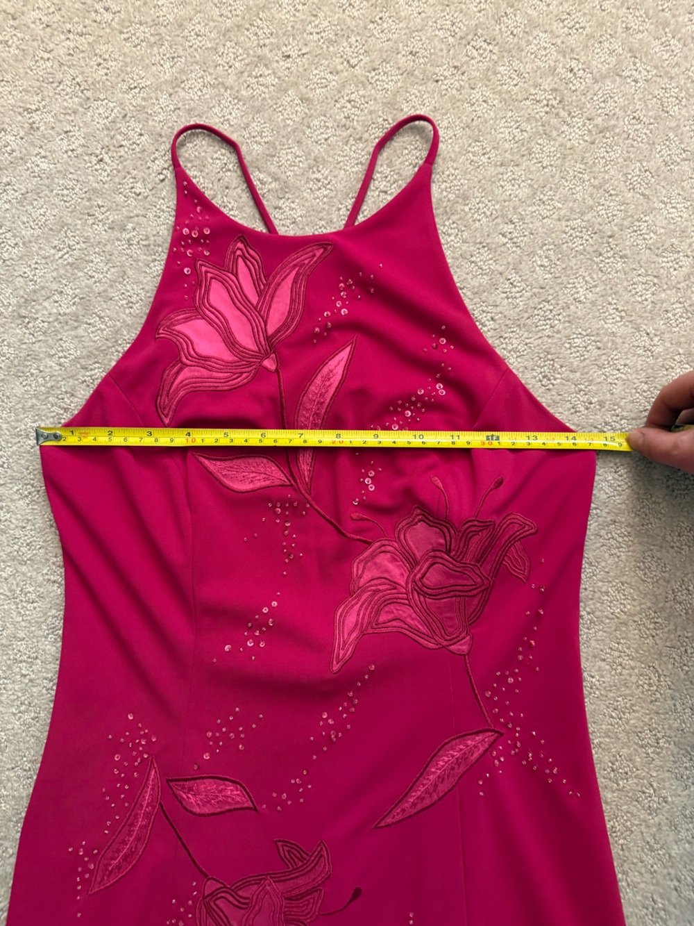 Fuchsia Pink Floral Embroidered Maxi Dress Beaded Gown Formal High Neck Formal 6 - Picture 7 of 11